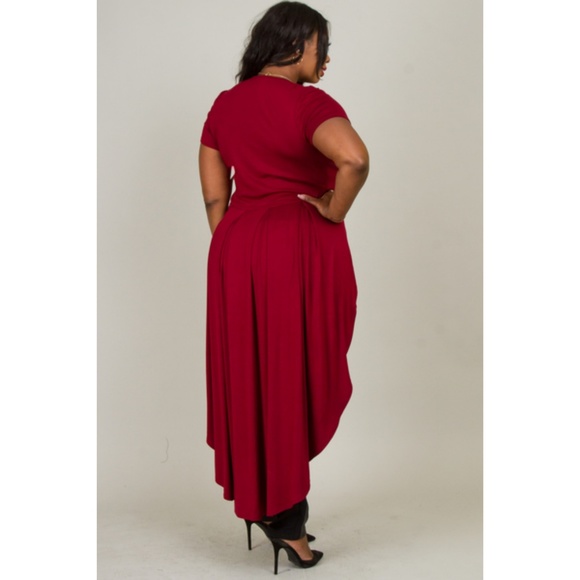 burgundy ROUND NECK SHORT SLEVE HIGH LOW SOLID TOP - Picture 3 of 7